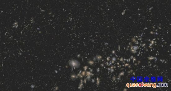 科学家们合成了一段基于数据的3D宇宙的假想飞行视频，这幅图正是其中的一帧视频截图。其中羽毛般的亮点便是观察者所能看到的一个个星系