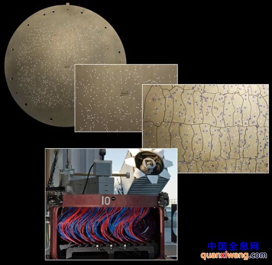 它是如何制成的？斯隆基金会望远镜(图像底部)使用一块1米直径的铝板进行星系光谱测量，每次可以测量1000个不同星系的光谱。它上面有很多小孔，每个孔对应一个星系或恒星的位置